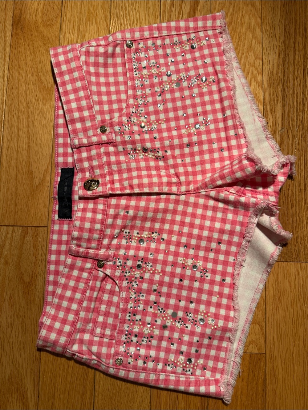 Juicy Couture Pink Gingham Embellished Denim Shorts